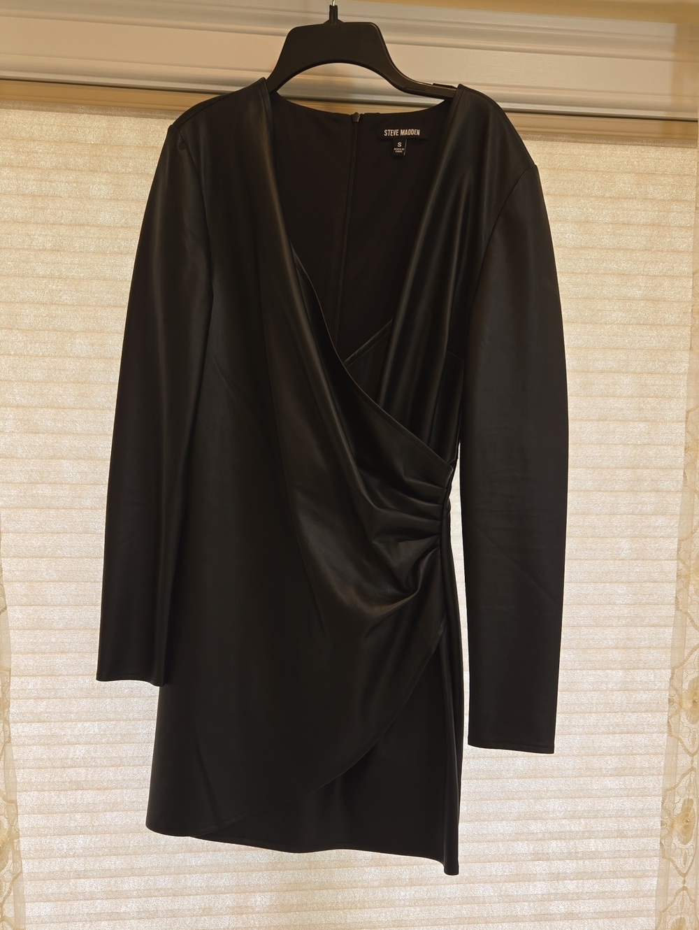 Steve Madden Black Faux-Leather Wrap-Style Long Sleeve Dress